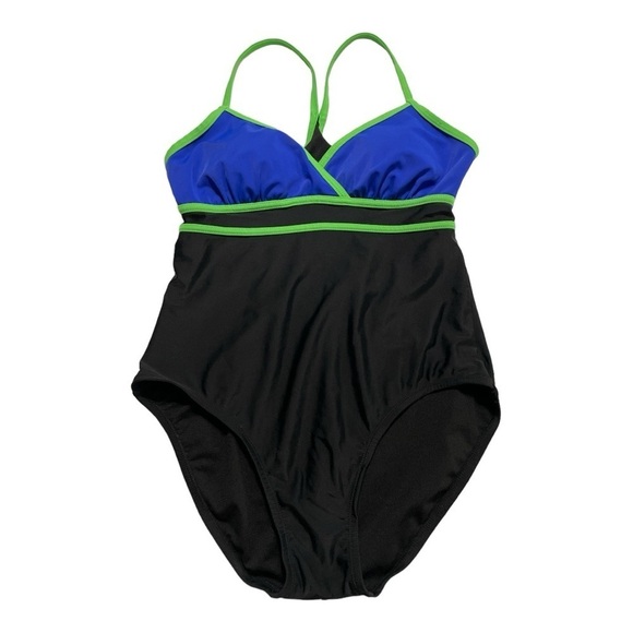 Catalina One Piece Black Blue Racerback Colorblock Swimsuit size L ( 12-14 ) - Picture 3 of 7